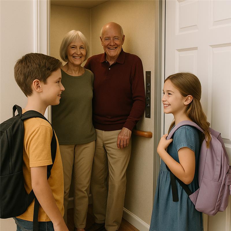 Lifestyle shot of kids with backpacks and grandparents using a residential elevator in Charleston home